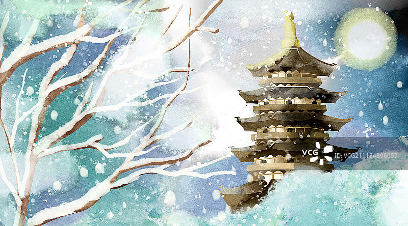 水彩水墨古风风景系列之杭州西湖雷峰塔冬天图片素材