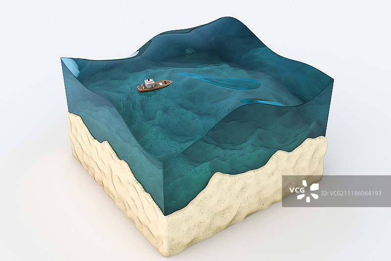 小船与三维水立方体模型图片素材