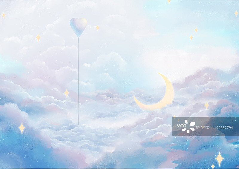 唯美梦幻情人节蓝色天空壁纸插画气球月亮横版图片素材