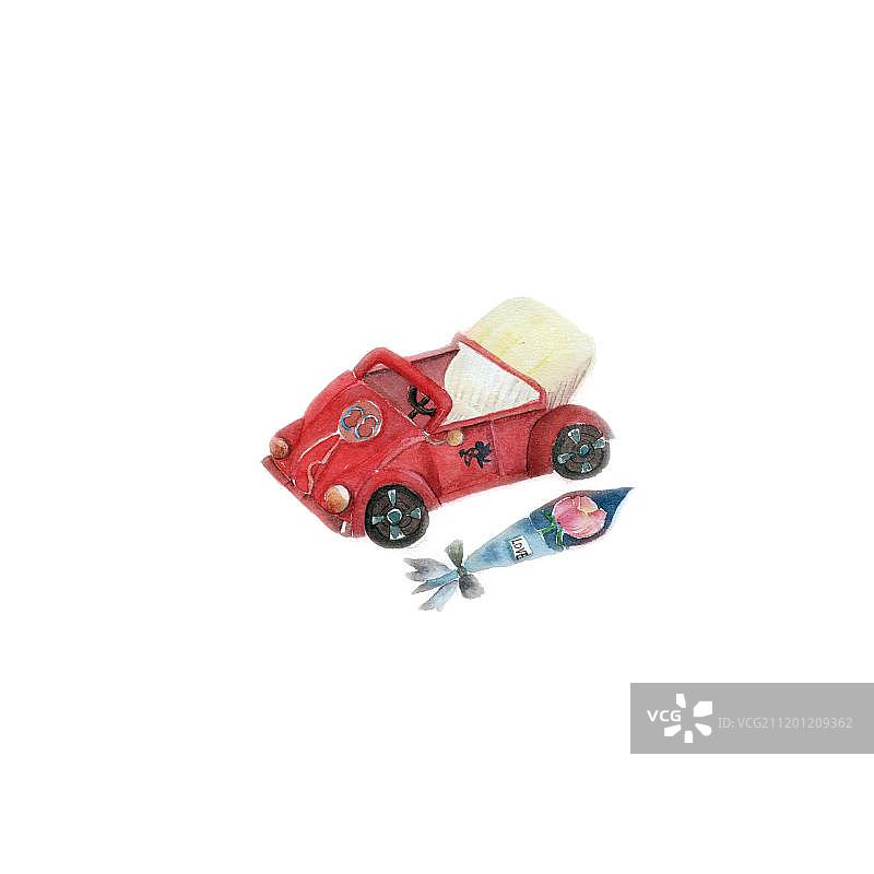 清新水彩手绘的红色玩具跑车小汽车图片素材