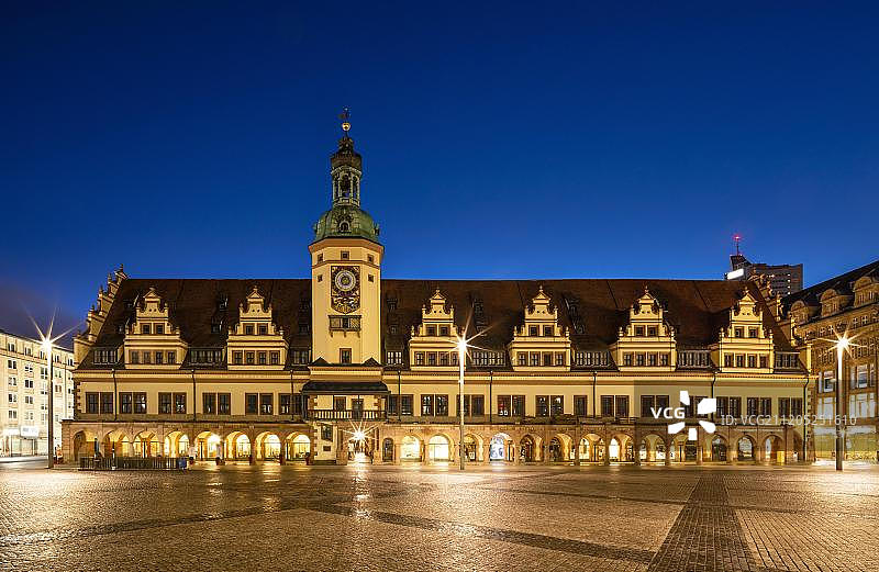 旧市政厅，城市历史博物馆，市场广场，夜景，莱比锡，萨克森，德国，欧洲图片素材
