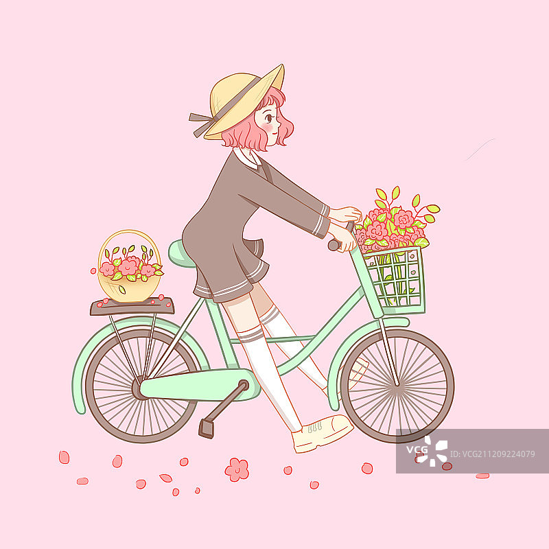 骑自行车的少女插画图片素材