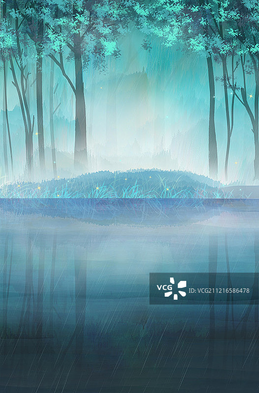 夏天茂密的森林里，雾气弥漫整个湖面插画背景海报图片素材