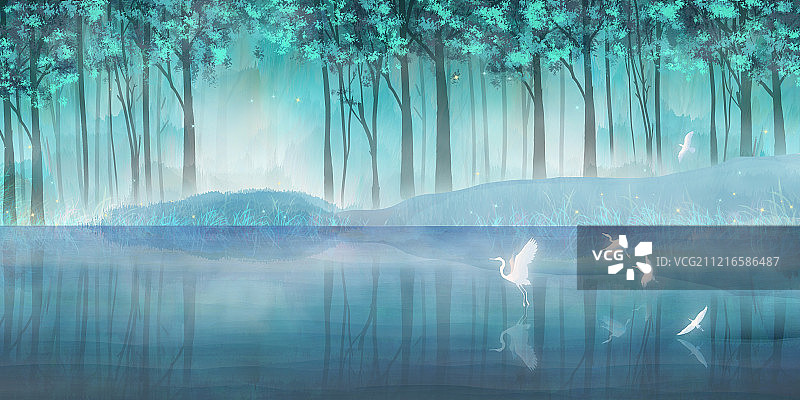 夏天茂密的森林里，白鹭在湖泊中嬉戏飞翔插画背景海报图片素材