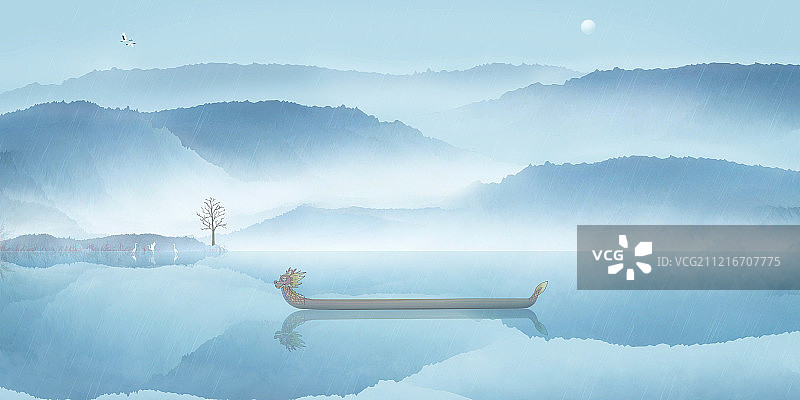 端午节中国传统节日赛龙舟，烟雨朦胧山水水墨画背景海报插画图片素材
