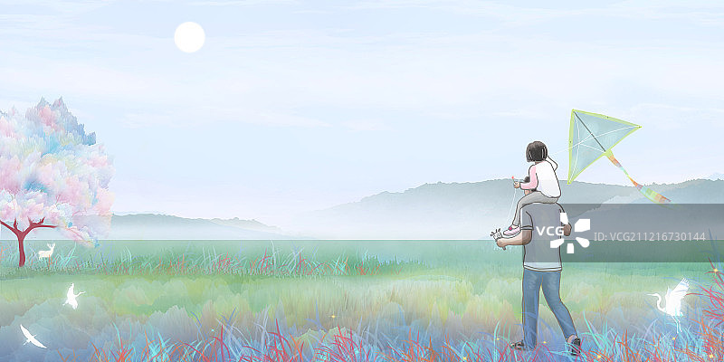 夏天晴朗天空下，父亲带着女儿在户外森林的草地上放风筝插画背景图片素材