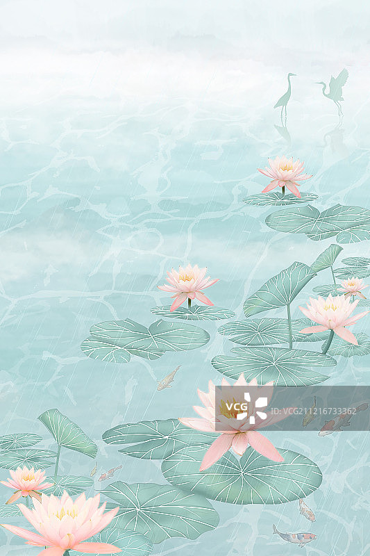 下雨天荷花在池塘里绽放锦鲤在游泳中国风工笔画海报背景插画图片素材