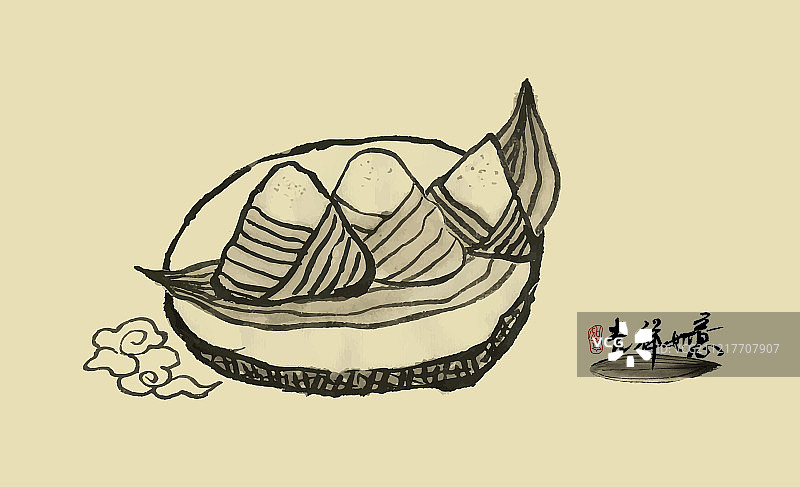 国画写意小品 中华传统美食之粽子图片素材