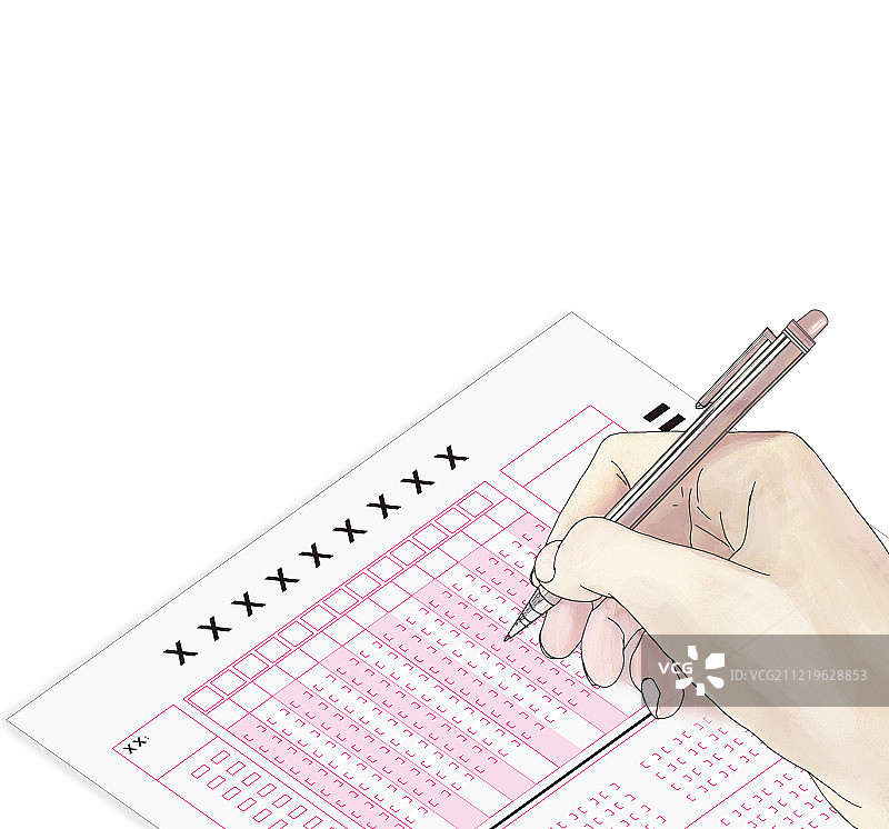 高考的考试中正在答题卡上填写答案的手，高等教育入学考试插画图片素材