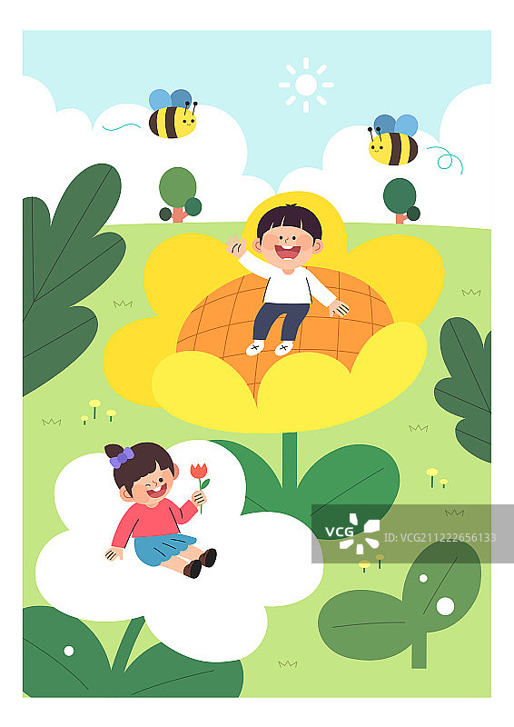 孩子，幼儿园，春天，郊游，草坪，花，蜜蜂图片素材