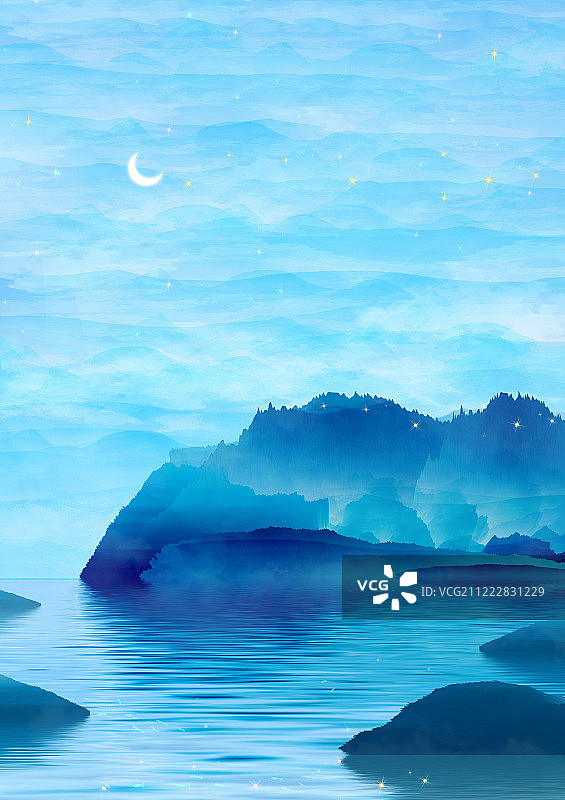 蓝色星空挂着月亮，海岛礁石上星光闪烁弥插画背景海报图片素材