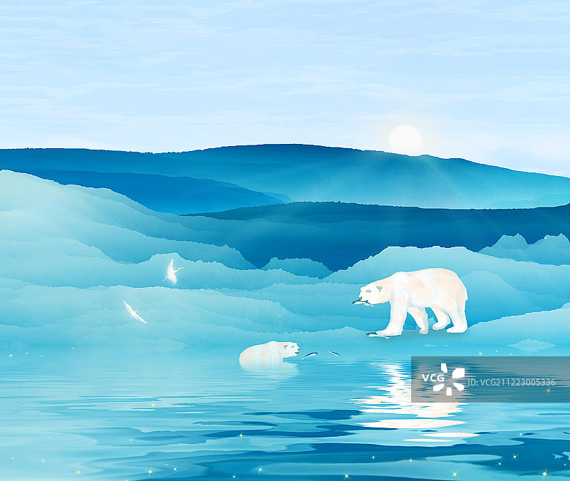 生活在北冰洋上的北极熊早晨起来教育孩子捕食鲱鱼插画背景海报图片素材