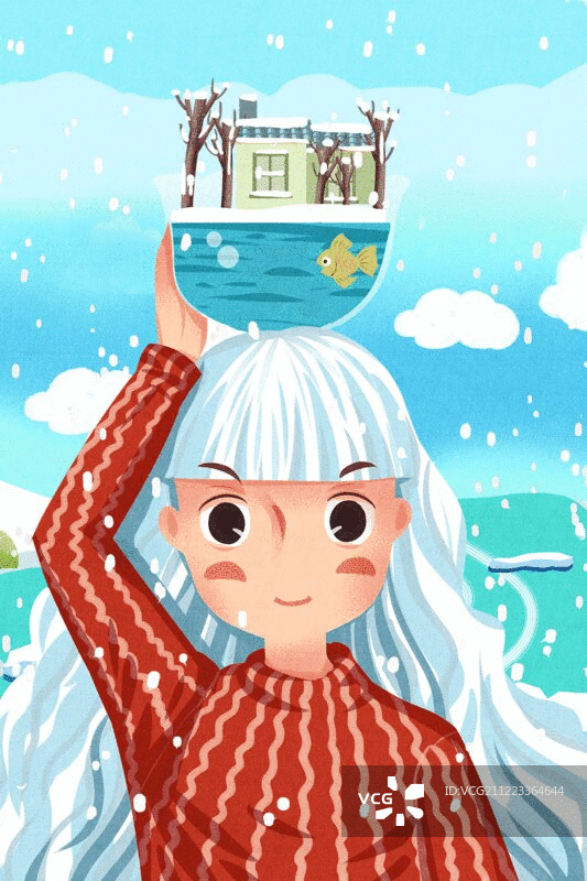 小清新风格可爱冬天女孩和鱼缸插画动图图片素材