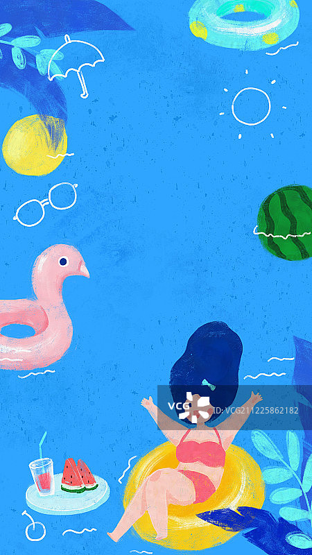 夏季泳池内坐在泳圈上欢呼的少女手绘插画图片素材