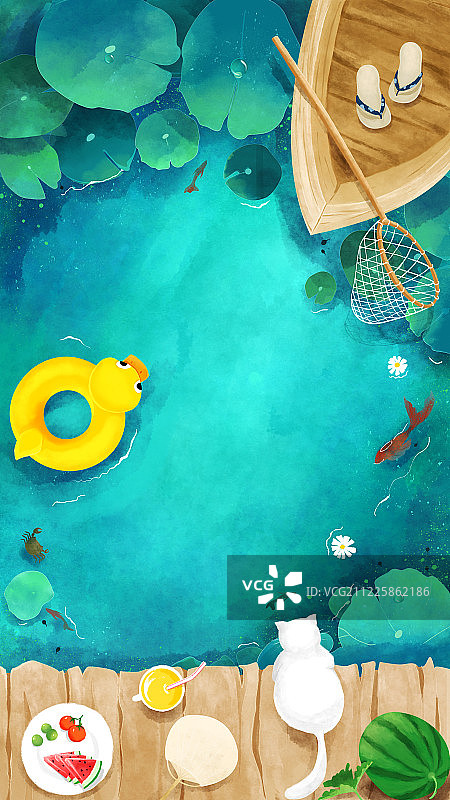 鱼儿蝌蚪游动的夏日荷塘上漂浮的小舟与小黄鸭创意手绘插画图片素材