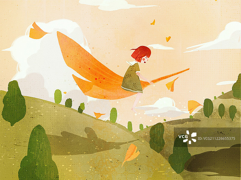 小女孩乘着银杏叶快乐的飞在秋天里插画图片素材