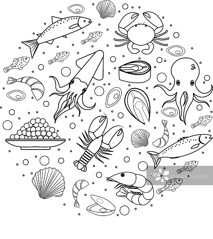 海鲜图标设置在圆形，线，素描，涂鸦风格。海产品采集孤立在白色背景。鱼产品、海味设计元素。矢量插图。图片素材
