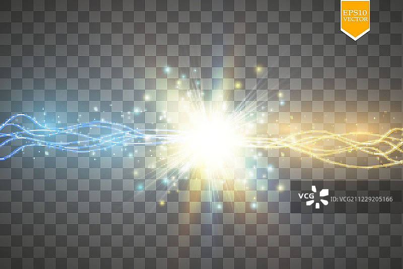 两种力量的碰撞与金色和蓝色的光。矢量插图。热和冷闪闪发光的力量。带有放电的能量闪电图片素材
