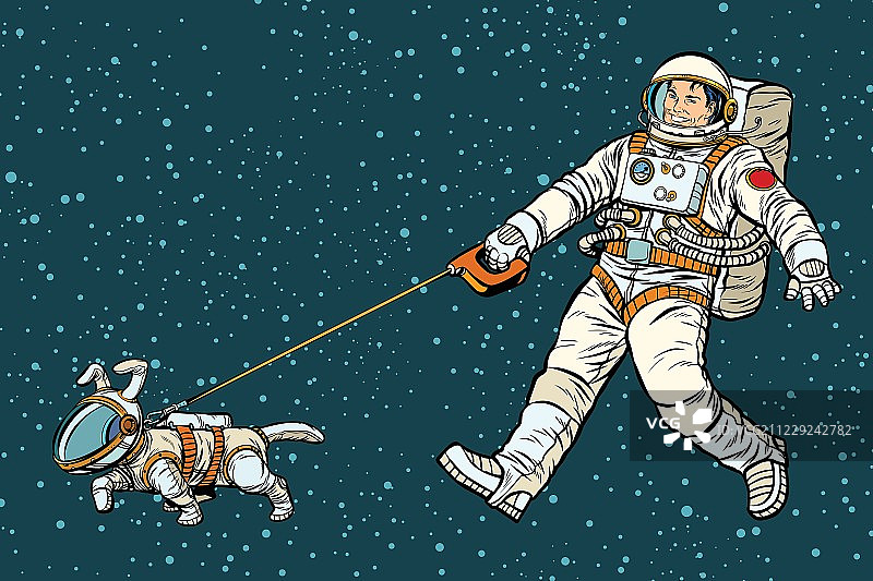 宇航员穿着太空服遛狗图片素材