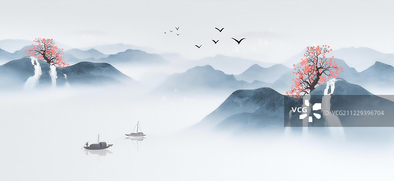 手绘中国风意境水墨山水图片素材