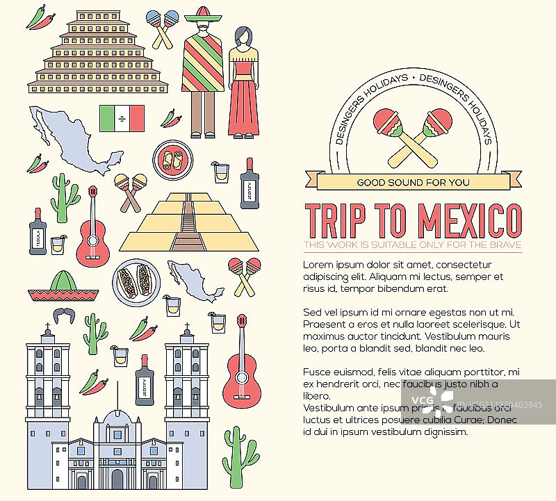 墨西哥国家旅游度假商品指南，景点和特色。集建筑、美食、时尚、物品、自然为背景的概念。图片素材