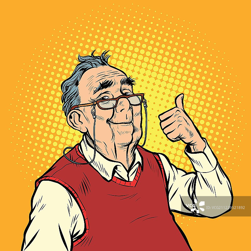 快乐的老人戴着眼镜，大拇指翘起来图片素材