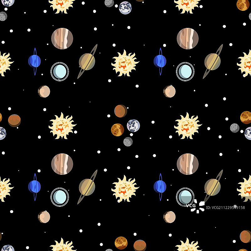 无缝图案卡通太阳系行星。天文观测台小行星冥王星、金星、水星、海王星图片素材