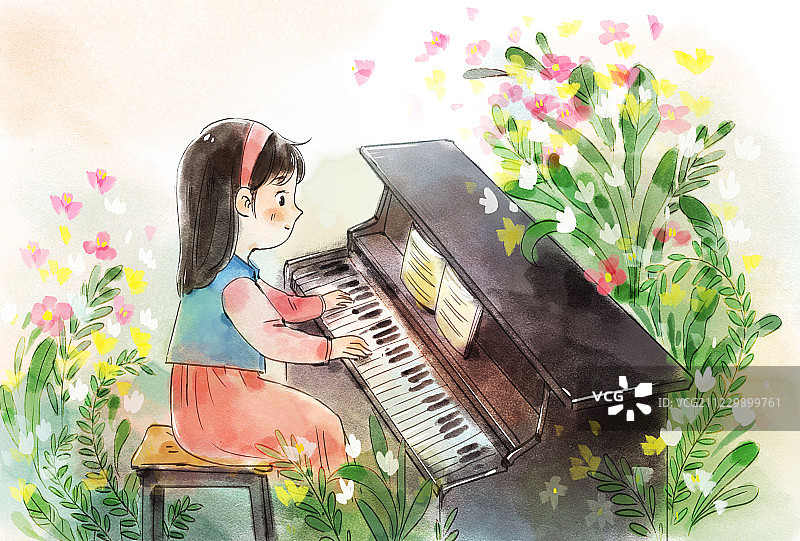 弹钢琴的小女孩水彩插画图片素材