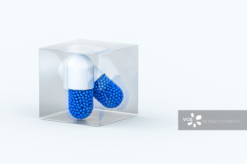蓝色颗粒胶囊与透明方块，三维渲染图片素材