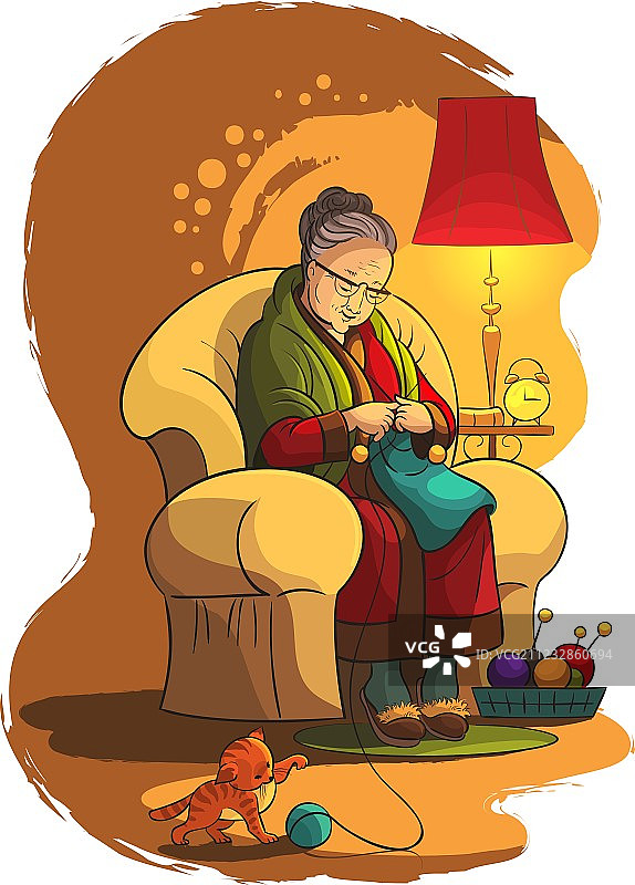 奶奶坐在扶手椅上织毛线图片素材