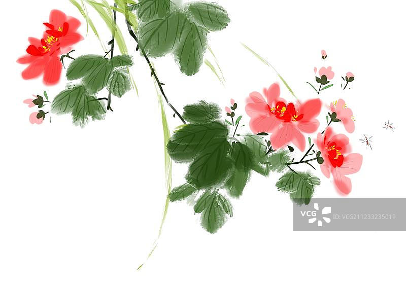 传统水墨画 红色花朵图片素材