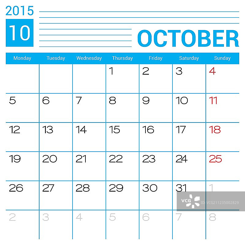 2015年10月日历页面模板图片素材