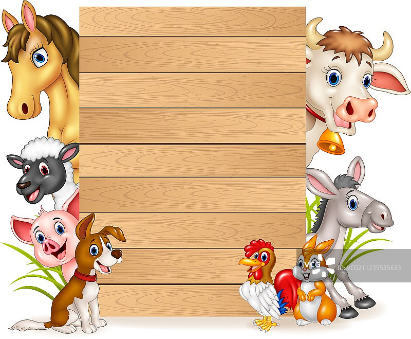 卡通滑稽的农场动物与木制标志图片素材