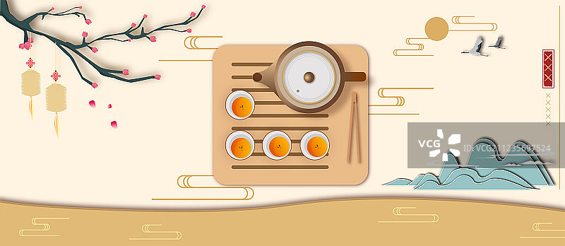 中国茶道传统文化，道家饮茶健康养生插画背景海报图片素材