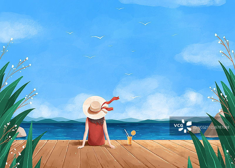 夏季海边的微风插画图片素材