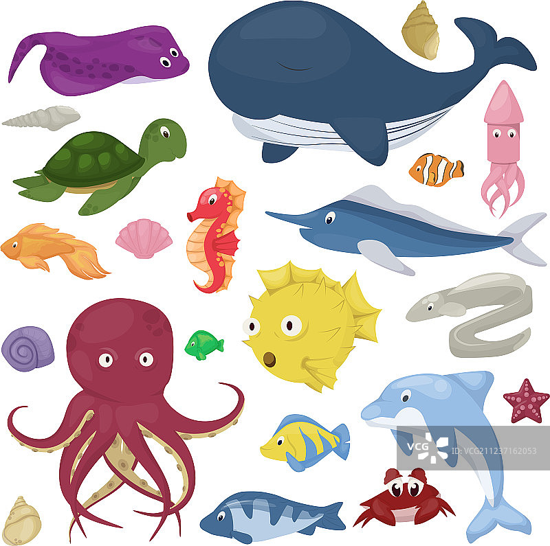 海洋动物，水植物，海洋鱼卡通图片素材