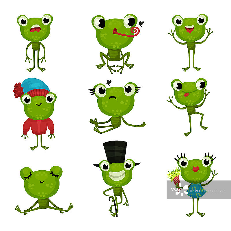 一组绿色青蛙在不同的姿势和与图片素材