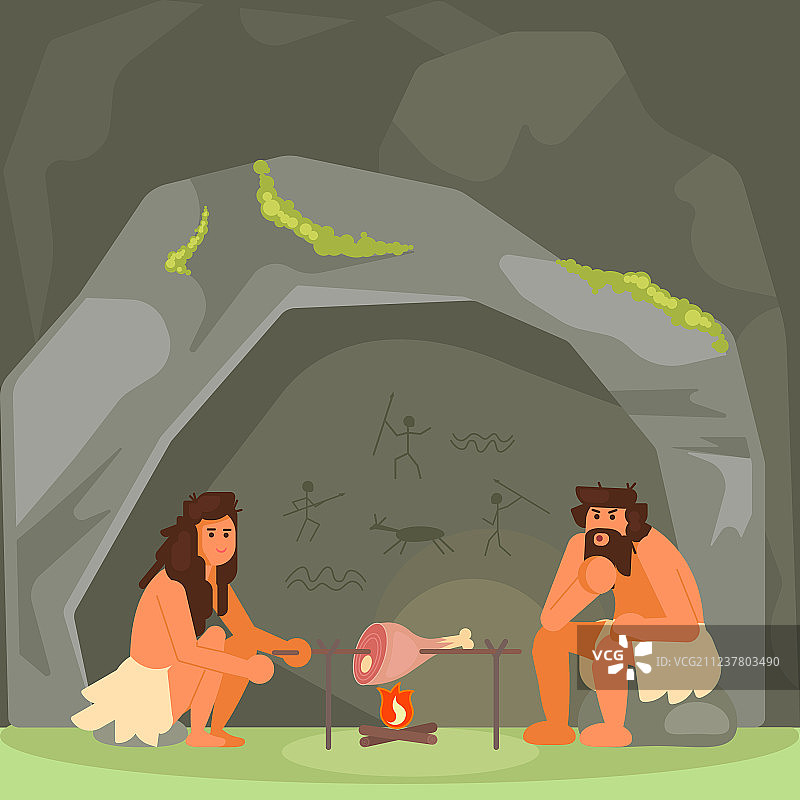 石器时代夫妇煮肉图片素材