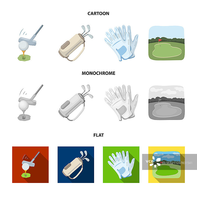 一个带高尔夫球杆的球，一个带棍子的袋子，手套图片素材