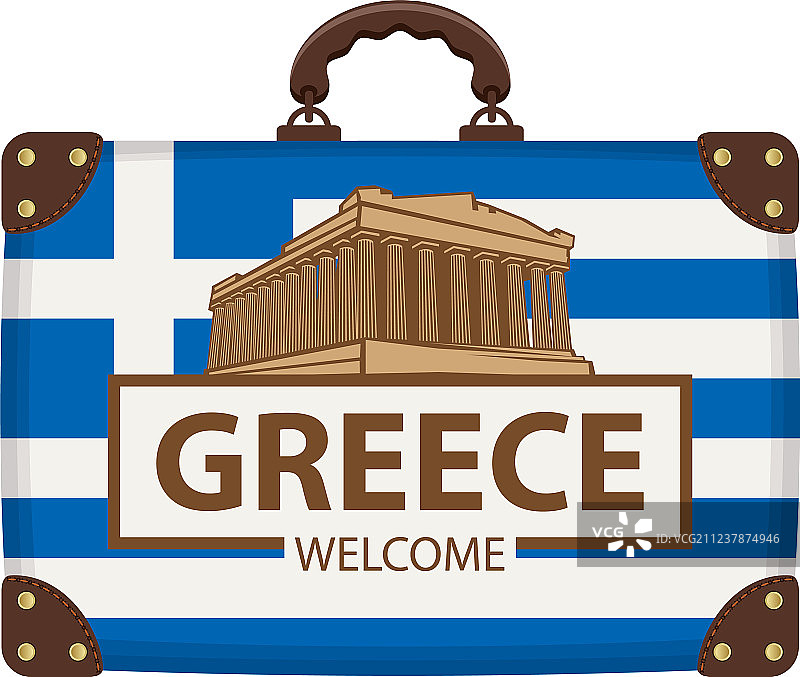 印有希腊国旗和雅典卫城旗帜的旅行箱图片素材