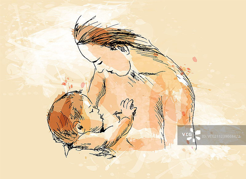 彩色手绘哺乳母亲与婴儿图片素材