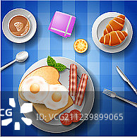 早餐有鸡蛋、培根、面包和一杯咖啡图片素材
