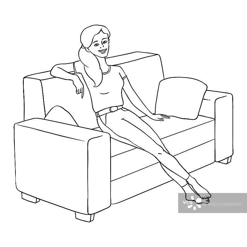 素描坐在沙发上休息的年轻女子图片素材