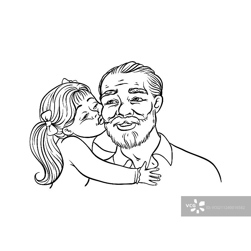 小女孩亲吻她的祖父在脸颊孤立图片素材