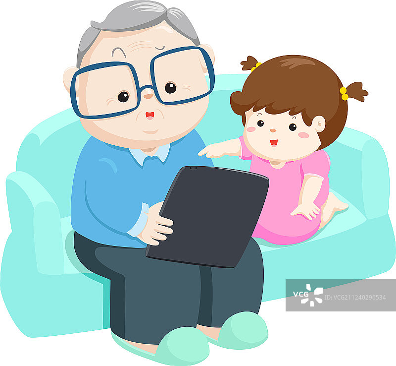 快乐的孙女和爷爷玩平板电脑图片素材