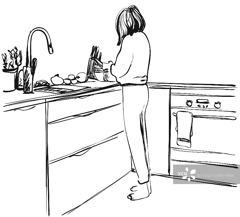 在厨房手绘的女人素描图片素材