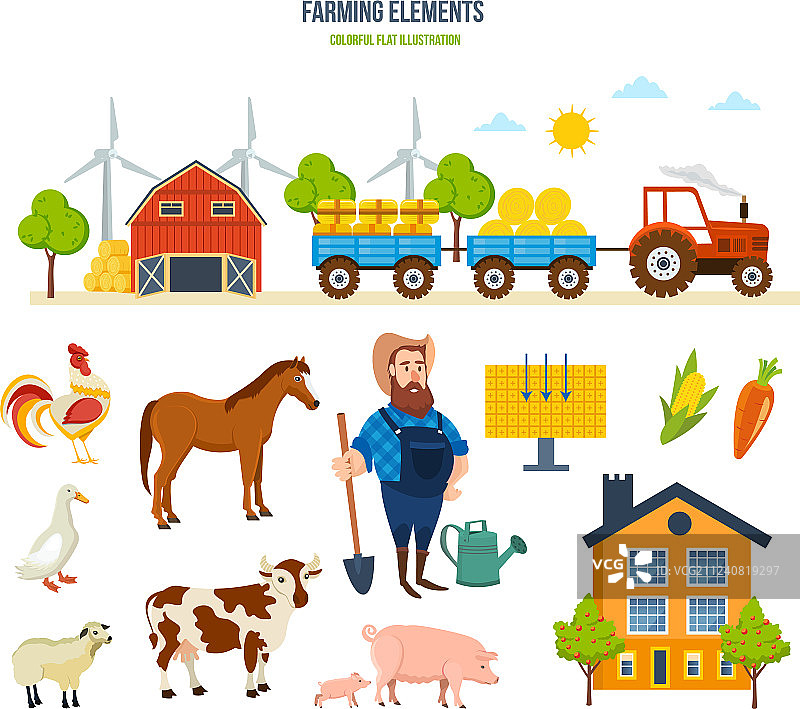 农场仓库拖拉机与干草动物水果图片素材
