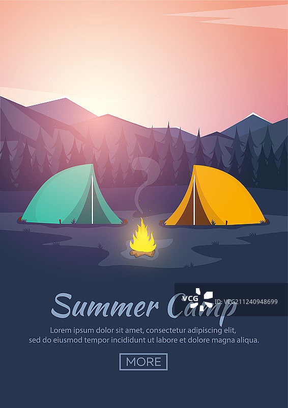 夏令营晚上露营松树林和岩石图片素材