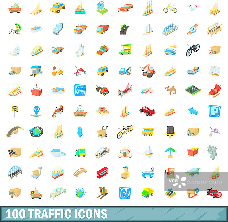 100交通图标设置卡通风格图片素材