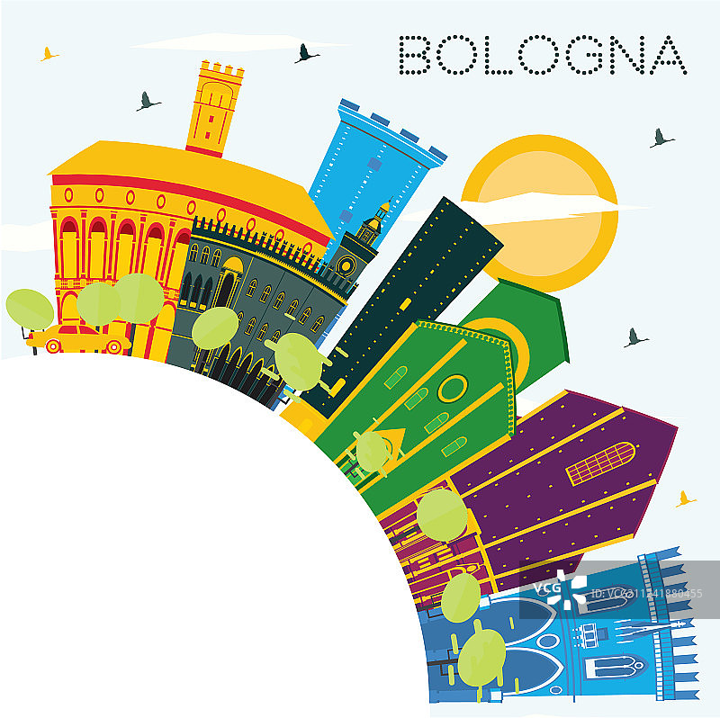 意大利博洛尼亚城市天际线与彩色建筑图片素材